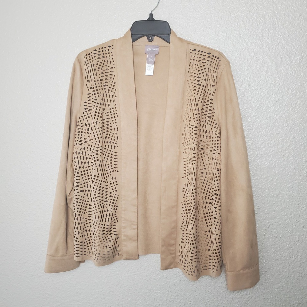 Chico's Faux Suede Draped Open Front Jacket Tan Beige Size 1 EUC Women's M-8‎